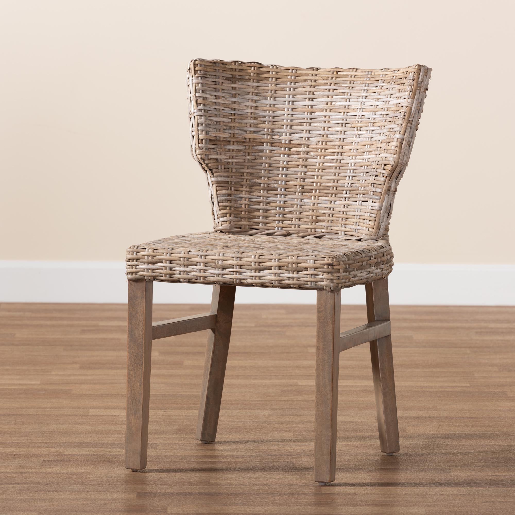 Baxton Studio Enver Modern Bohemian Grey Rattan And Brown Wood Dining Chair